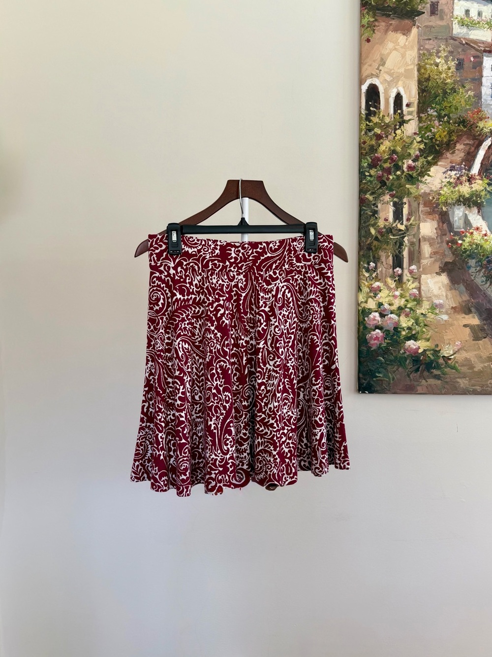 LOFT Red & White Patterned A-Line Knit Skirt Medium Petite Summer Vacation
